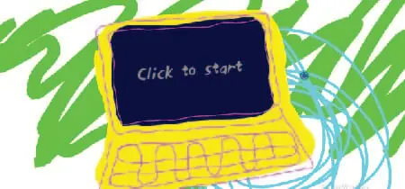 Dibujo de una laptop amarilla en la homepage de la web interactiva Nataliavish