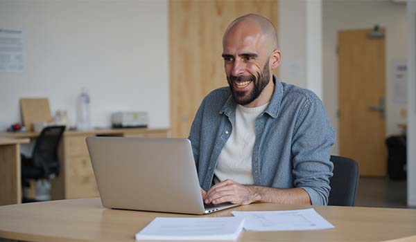 Álvaro Torres escribiendo un artículo en su portátil con un checklist al lado