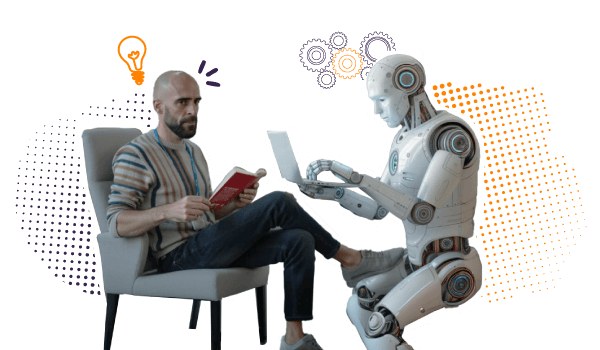 Álvaro Torres leyendo un libro mientras un robot trabaja en un portátil a su lado