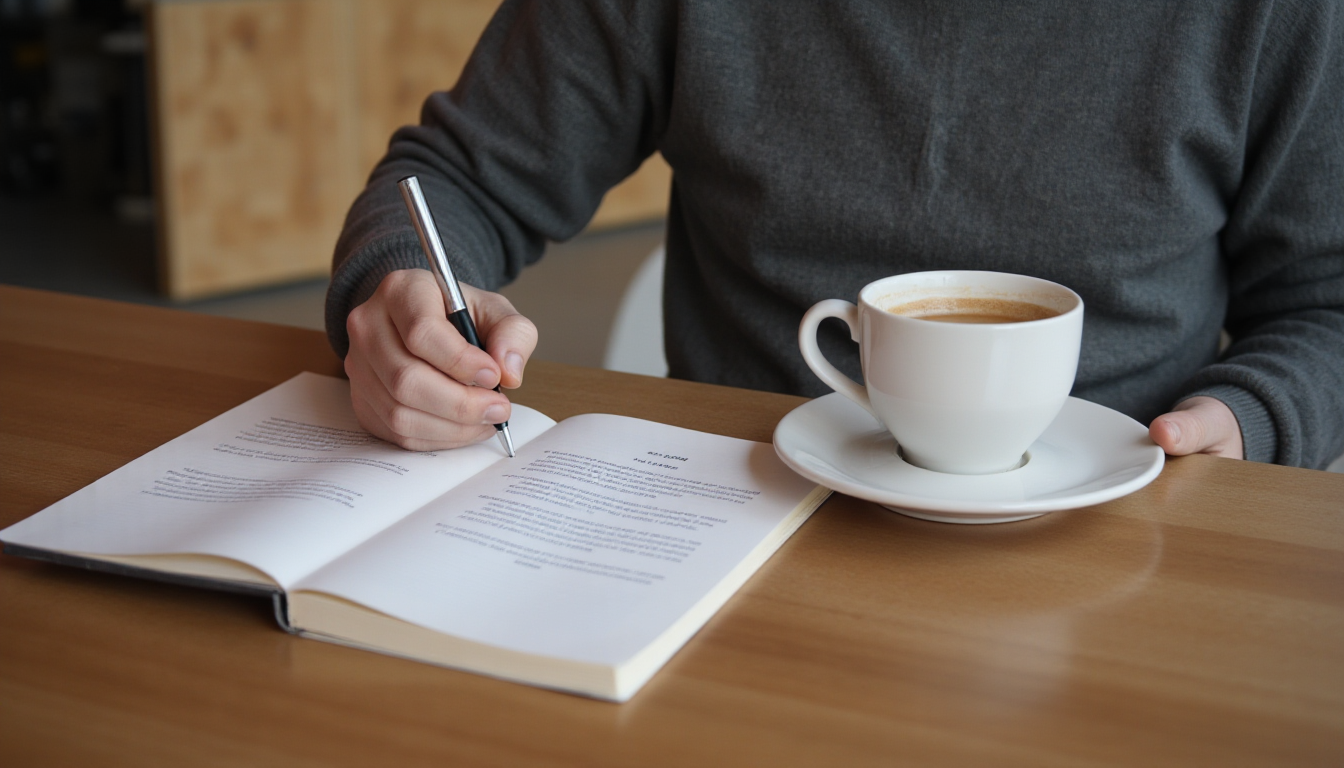 Álvaro Torres writing a short script in a notebook next to a coffee
