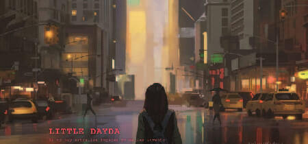 Ilustración de una ciudad en la que comienza a anochecer en la homepage de web Little Dayda