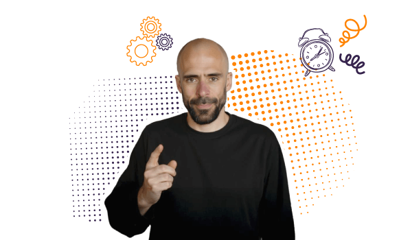 Alvaro Torres señalando a la cámara mientras le rodean elementos que simbolizan la automatización digital