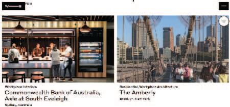 Fotografía de un restaurante junto a fotografía de una ciudad en captura de pantalla de la web Woods Bagot