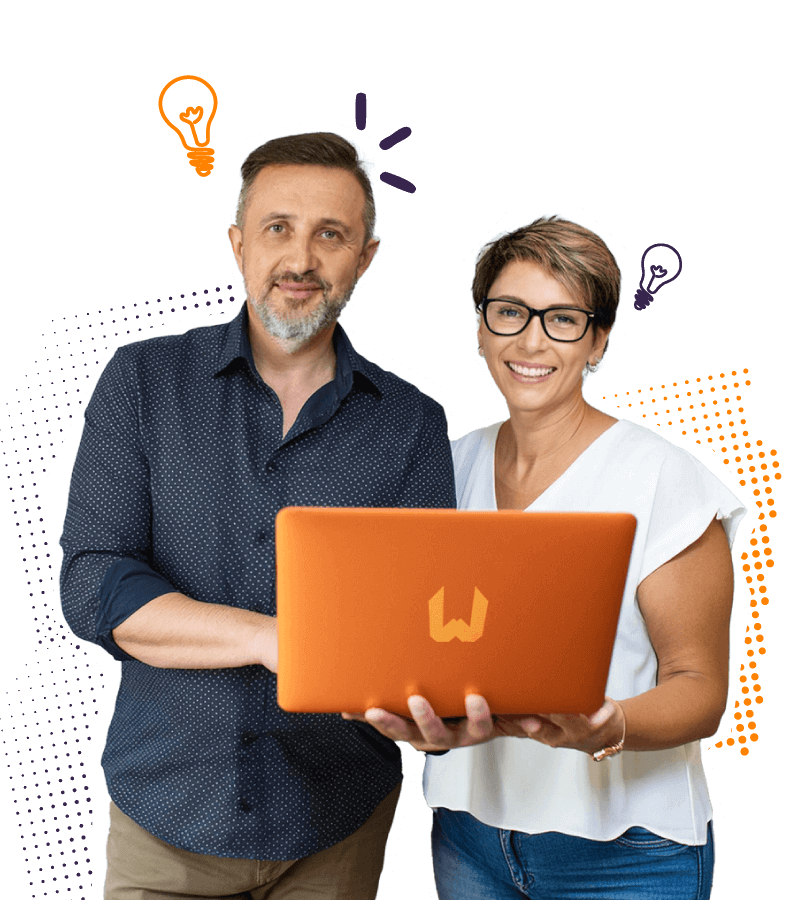 Man and woman holding an orange laptop with professional web design