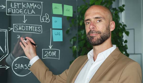 Álvaro Torres dibujando en una pizarra la estructura de URLs por idioma y país
