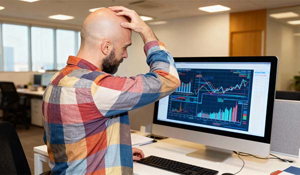 Álvaro Torres frente al ordenador mirando gráficos confusos y rascándose la cabeza por infoxicación de datos