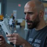 Álvaro Torres sosteniendo el móvil con muchas notificaciones, con gesto de saturación