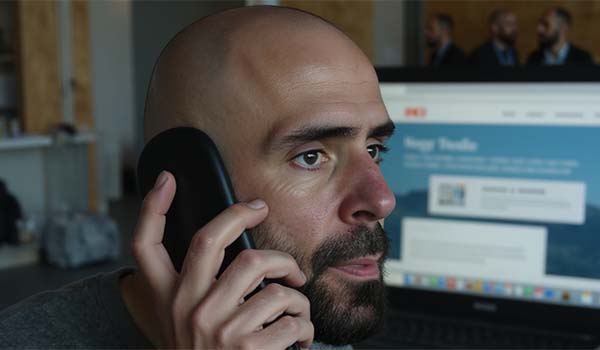 Álvaro Torres llamando por teléfono mientras mira una web con error