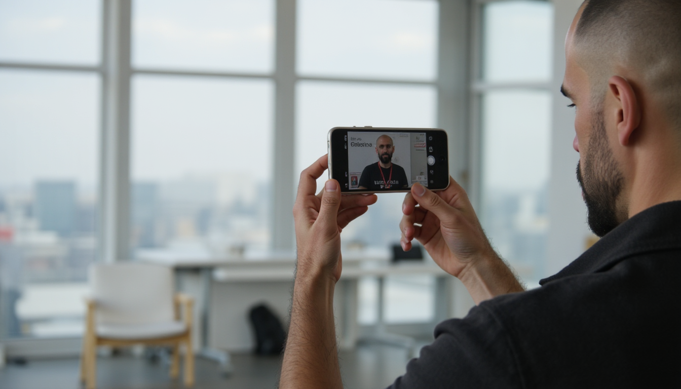 Álvaro Torres grabando un vídeo vertical con su móvil frente a una ventana con buena luz