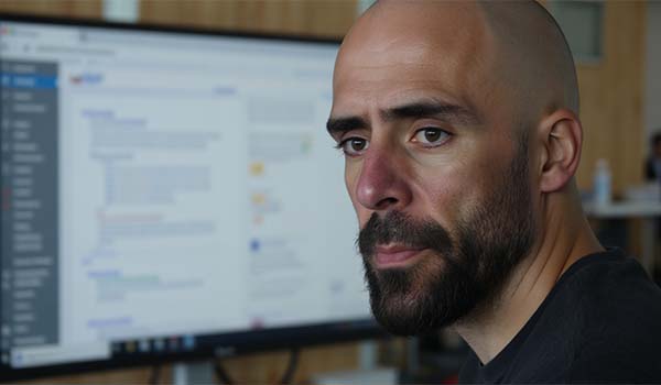 Álvaro Torres revisando Google Search Console con gesto de duda frente al ordenador