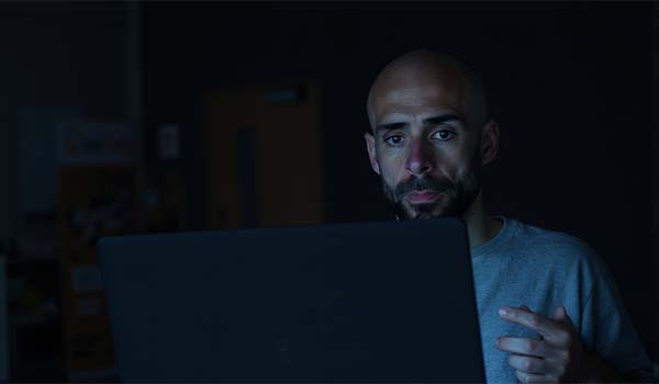 Álvaro Torres revisando una web caída en su portátil con gesto de preocupación
