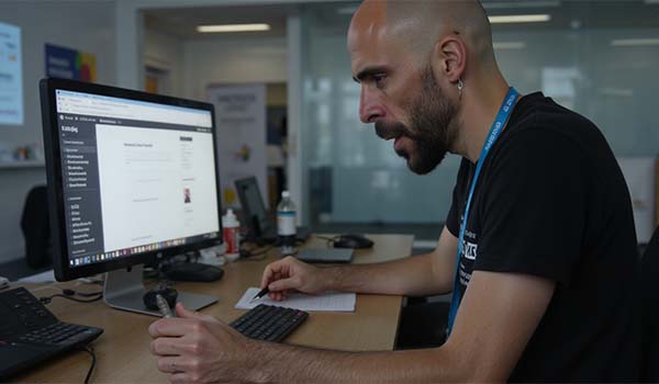 Álvaro Torres revisando y editando un artículo antiguo en su ordenador