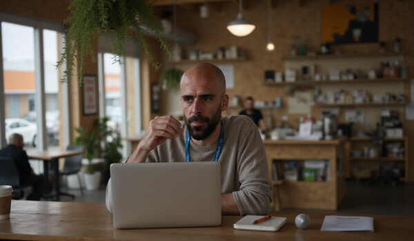 Álvaro Torres mirando una web antigua en su portátil con gesto de duda