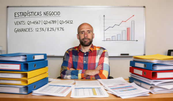 Álvaro Torres confundido con un gran número de carpetas y papeles con informes sobre un escritorio. De fondo, en la pared, datos estadísticos sobre el negocio totalmente incomprensibles en una pizarra