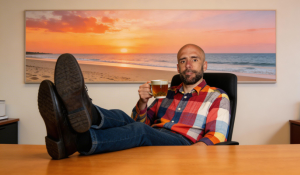 Álvaro Torres en el mismo escritorio pero con todo muy ordenado, los pies sobre la mesa y tomando una infusión. De fondo, en la pared, un gran cuadro horizontal de un atardecer en la playa