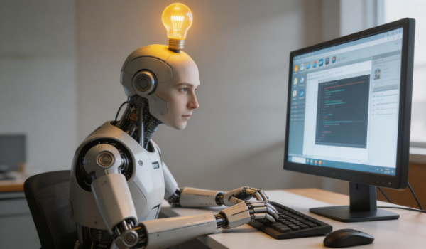 Un robot hiper realista trabajando en un ordenador con una bombilla en la cabeza representando una buena idea