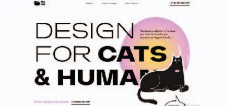 Cartel e ilustración de un gato negro en la Pantalla de inicio de la web "Meow Designs"