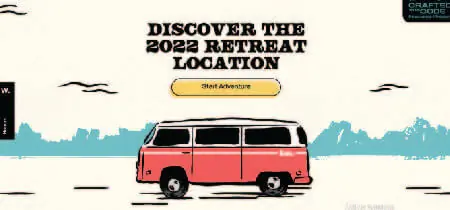 Ilustración de una furgoneta en la pantalla de inicia de la web interactiva "Road Trip Reveal"