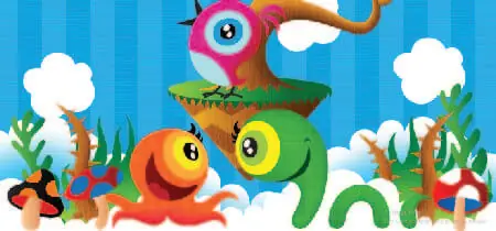 Ilustración muy colorida de un pulpo, un pájaro y una serpiente en la web Portafolio de Robby Leonardi