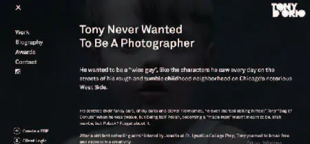 Letras blancas en fondo negro en captura de pantalla de la Web de Tony Dorio