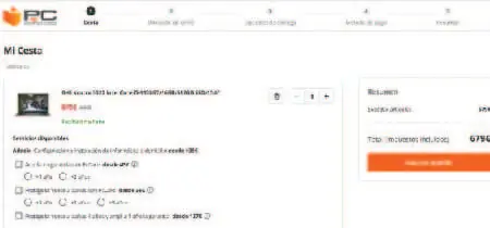 Captura de pantalla de la pestaña de carrito de la web "PcComponents"