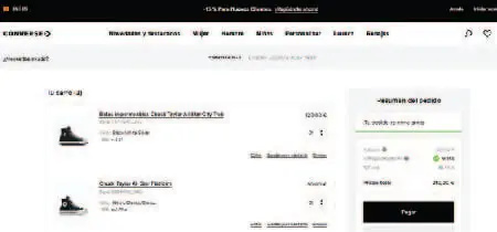 Captura de pantalla de la pestaña de carrito de la web de Converse