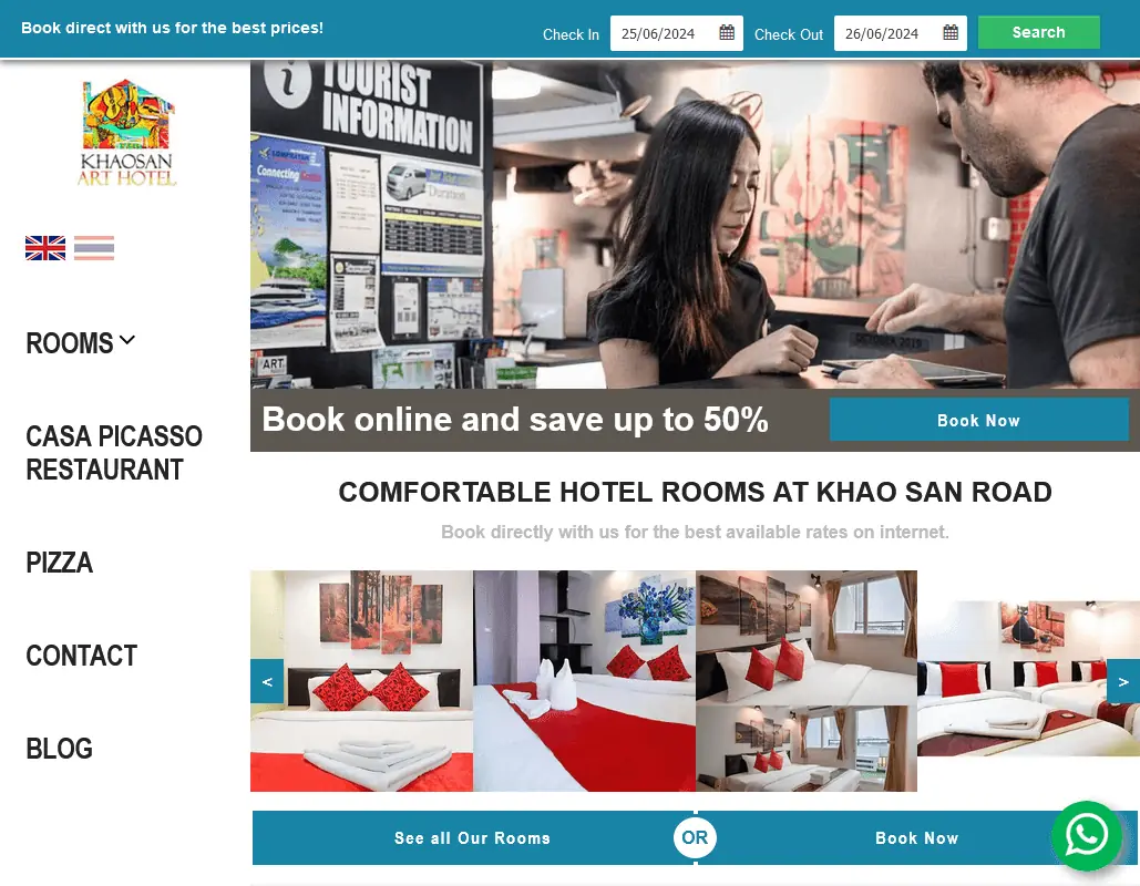 Website of a hotel in Bangkok called Khaosan Art Hotel