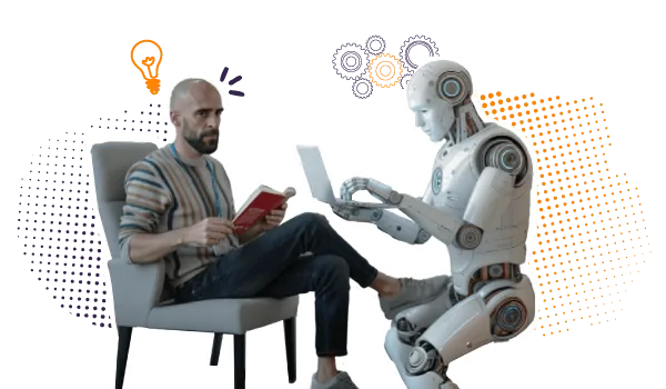 Alvaro Torres reading a book while a robot works on a laptop beside him