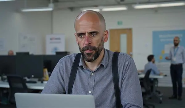 Álvaro Torres mirando su web en un portátil con gesto de duda