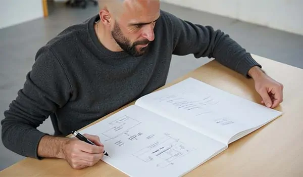 Alvaro Torres dibujando la estructura de una landing page en una libreta con flechas y bloques