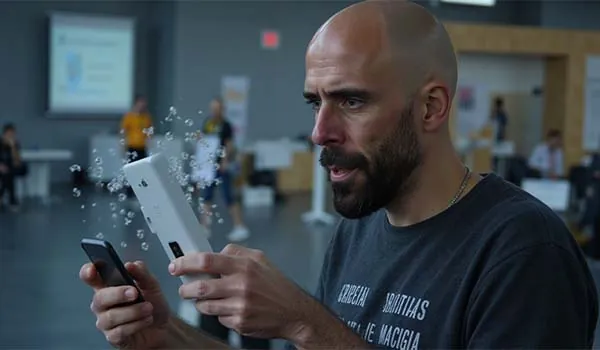 Álvaro Torres sosteniendo el móvil con muchas notificaciones, con gesto de saturación