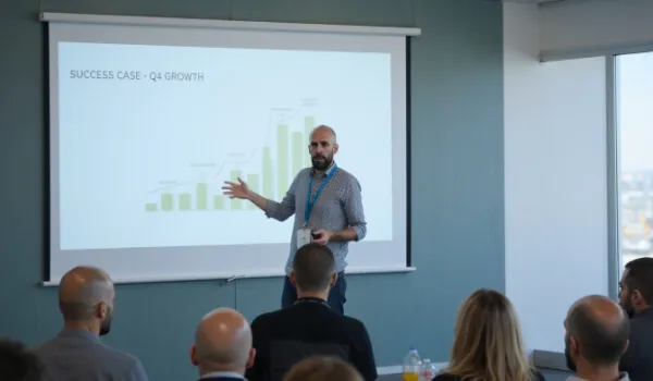 Álvaro Torres presentando un caso de éxito con gráficos de crecimiento