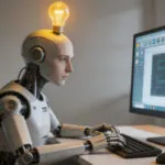 Un robot hiper realista trabajando en un ordenador con una bombilla en la cabeza representando una buena idea